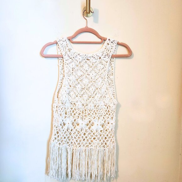 Forever 21 Ivory Boho & Fairycore Crochet Sleeveless Fringe Top | Size S - Picture 2 of 7
